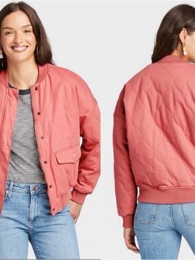 Universal Thread Quilted Bomber Jacket in Coral, size XL